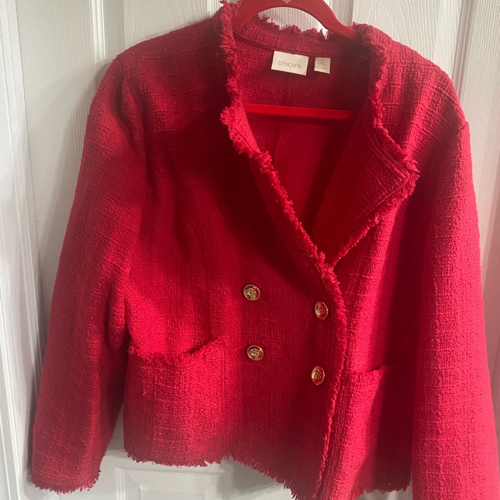 Chico's Vibrant Red Textured Blazer with Gold Accents